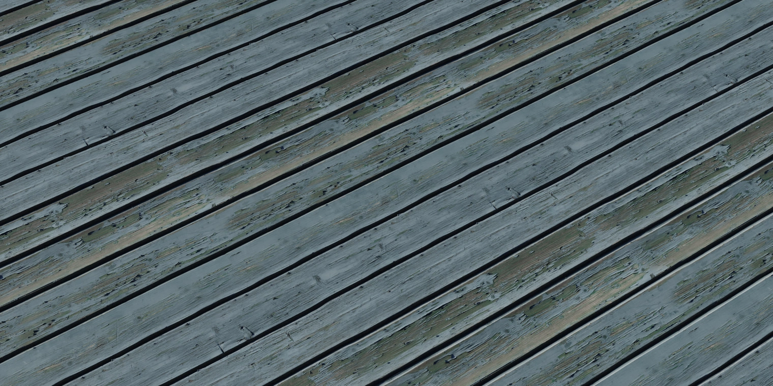 Free 8K texture of weathered blue painted wooden planks with flaking paint, exposed grain, cracks and dirt.