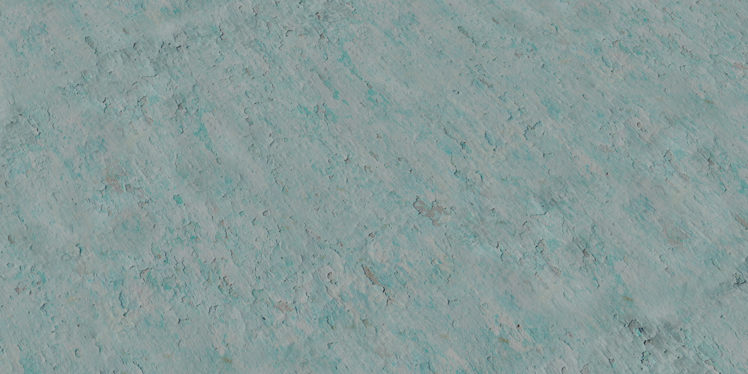 Free 16K texture of weathered blue exterior plaster, with peeling paint, chipped layers, rough flaking surface and muted underlying stains.