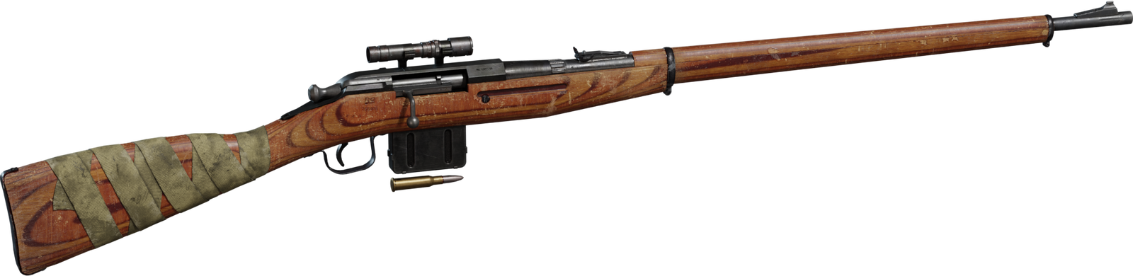 Free 8K model of a classic bolt-action 7.62 rifle with long barrel, worn wood stock, cloth-wrapped butt, detachable magazine, small scope, and weathered metal.
