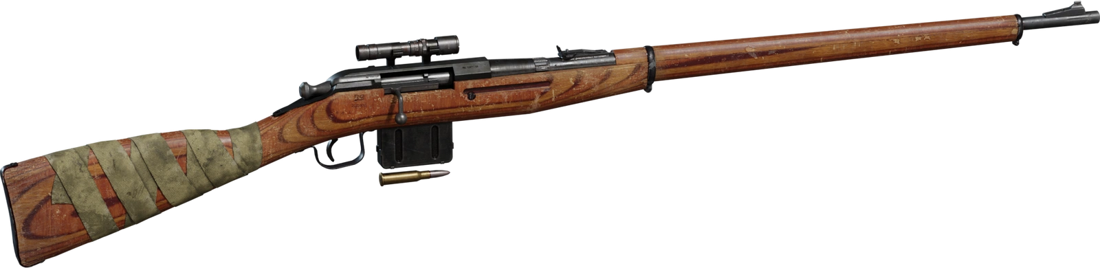 Free 8K model of a classic bolt-action 7.62 rifle with long barrel, worn wood stock, cloth-wrapped butt, detachable magazine, small scope, and weathered metal.