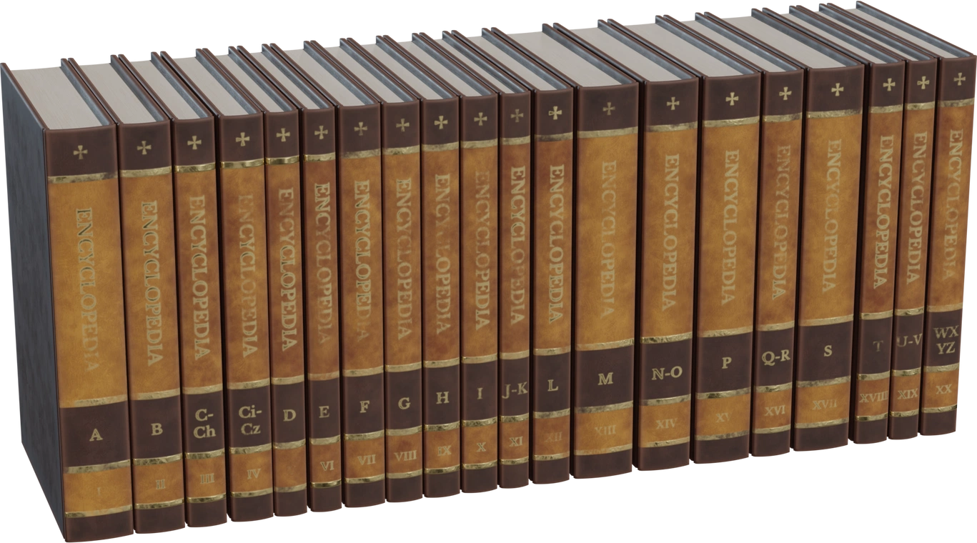 Free 8K set of vintage leather-bound encyclopedia volumes with gold-embossed spines, alphabetic labels and realistic wear, warm brown tones.