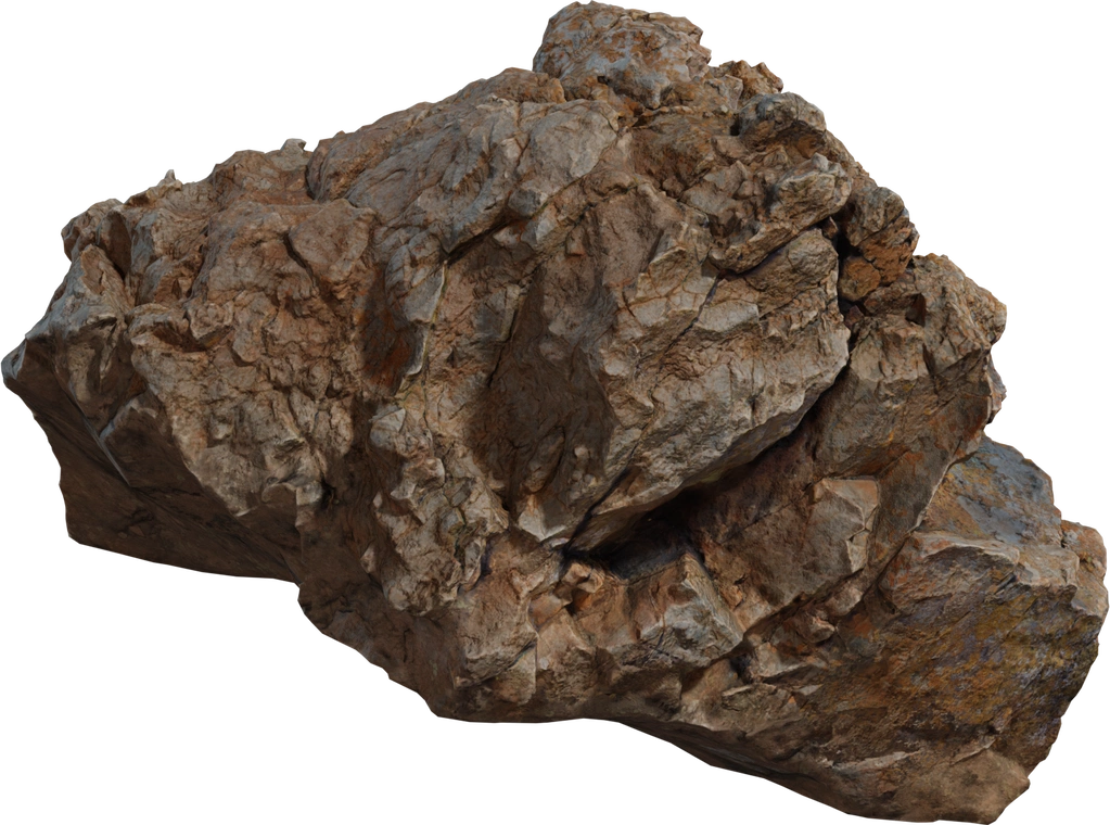 Free 8K photoreal boulder model with weathered, jagged surfaces, subtle lichen and rusty mineral streaks, and rugged, cliff-like rock face detail.
