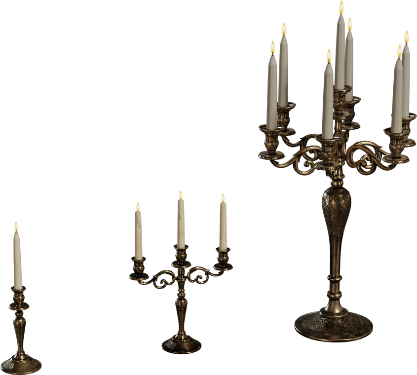 Free 4K model of ornate antique brass candleholders - classic engraved bases, scrolling arms, and lit taper candles with a warm, aged patina.