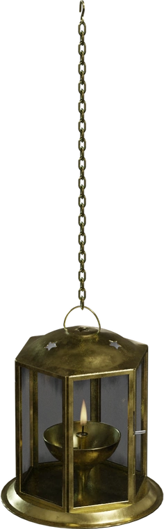 Free 8K model of a hanging brass diya lantern featuring aged patina, hexagonal glass panels, star-shaped vents, a chain suspension, and a lit oil bowl.