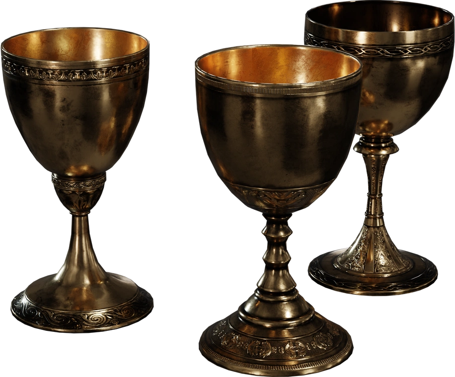Free 4K model of three ornate vintage brass goblets, engraved rims and bases, warm aged patina and polished golden interiors.