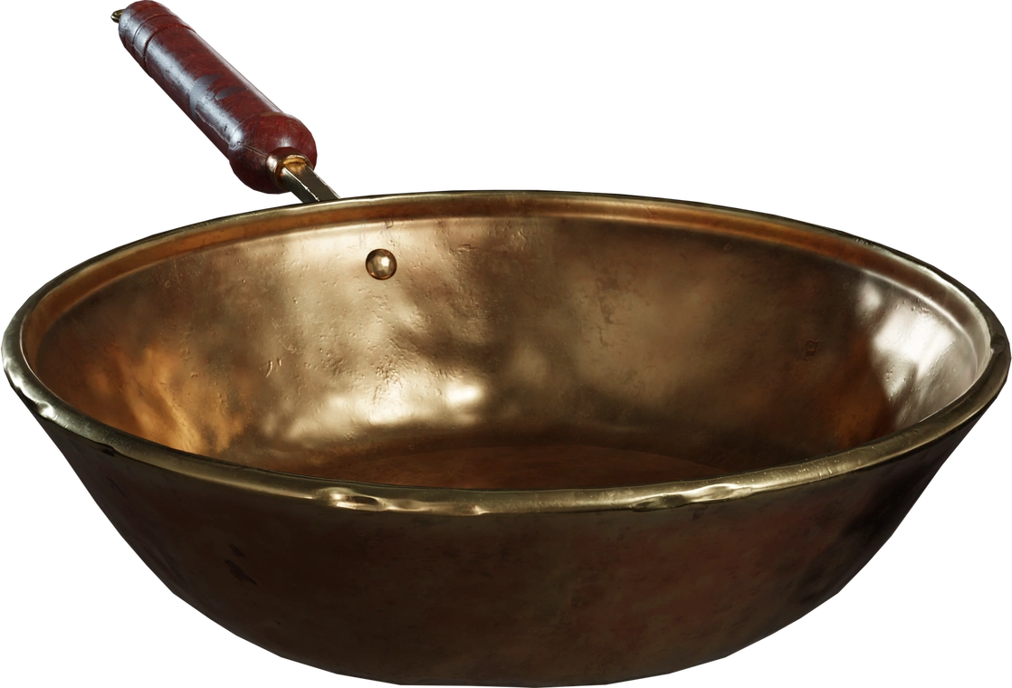 Free 8K model of a worn brass pan with warm aged patina, subtle dents and hammer marks, polished inner surface and a carved wooden handle.