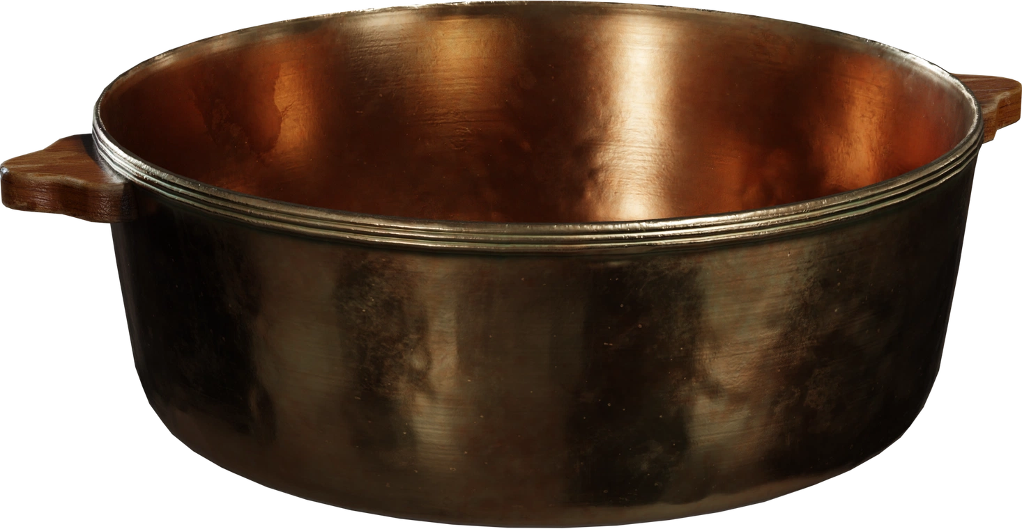 Free 8K model of a worn brass pot with warm copper interior, subtle patina, rolled rim detailing and wooden side handles.