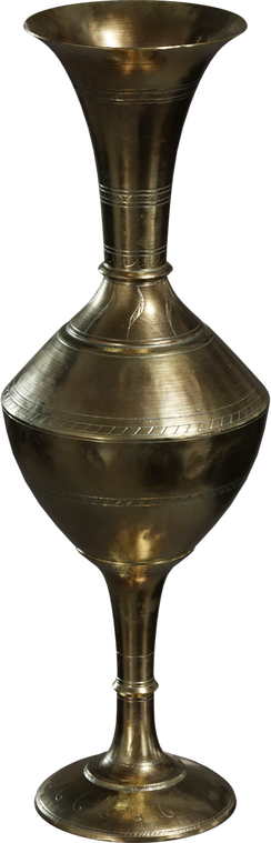 Free 8K brass vase with an antique patina, elegant elongated silhouette, engraved decorative bands and subtle wear for a believable vintage metal look.