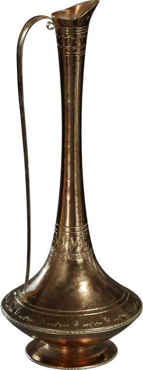 Free 8K ornate brass vase with elongated neck, flared base and slim handle, polished antique gold finish with engraved decorative patterns and light patina.