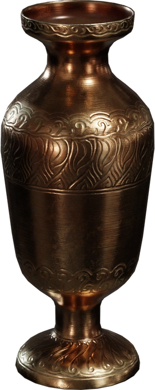Free 8K brass vase model: ornate engraved swirls, warm aged copper-gold patina, polished highlights and pedestal base with subtle tool marks.