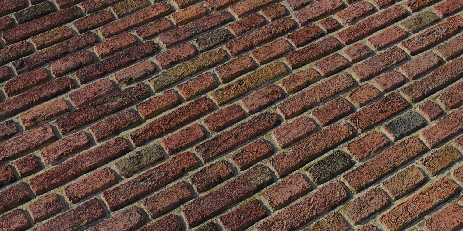 Free 8K texture of weathered red brick with damp, mossy mortar, chipped rough faces and subtle grime - aged urban outdoor wall material.