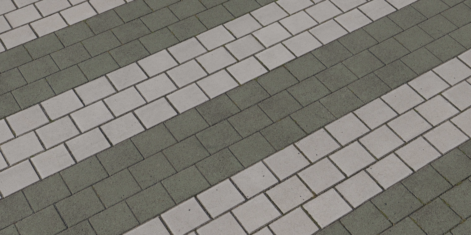 Free 8K brick texture showing multicoloured rectangular paving with worn white crosswalk stripes, rough concrete surface, visible grout and light moss.