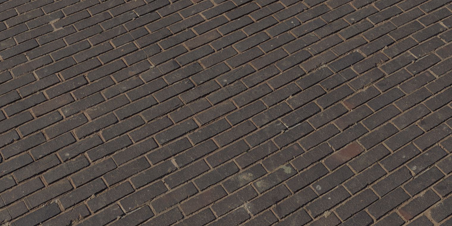 Free 8K brick floor texture with dark brown pavers, tight mortar lines, subtle wear and chips, scattered stains and scratches, and a slightly rough, low-sheen surface.
