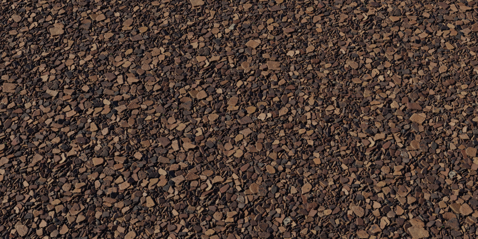 Free 8k texture of crushed brick and gravel: rough, uneven surface of angular rubble and small aggregate in warm brown and terracotta tones.