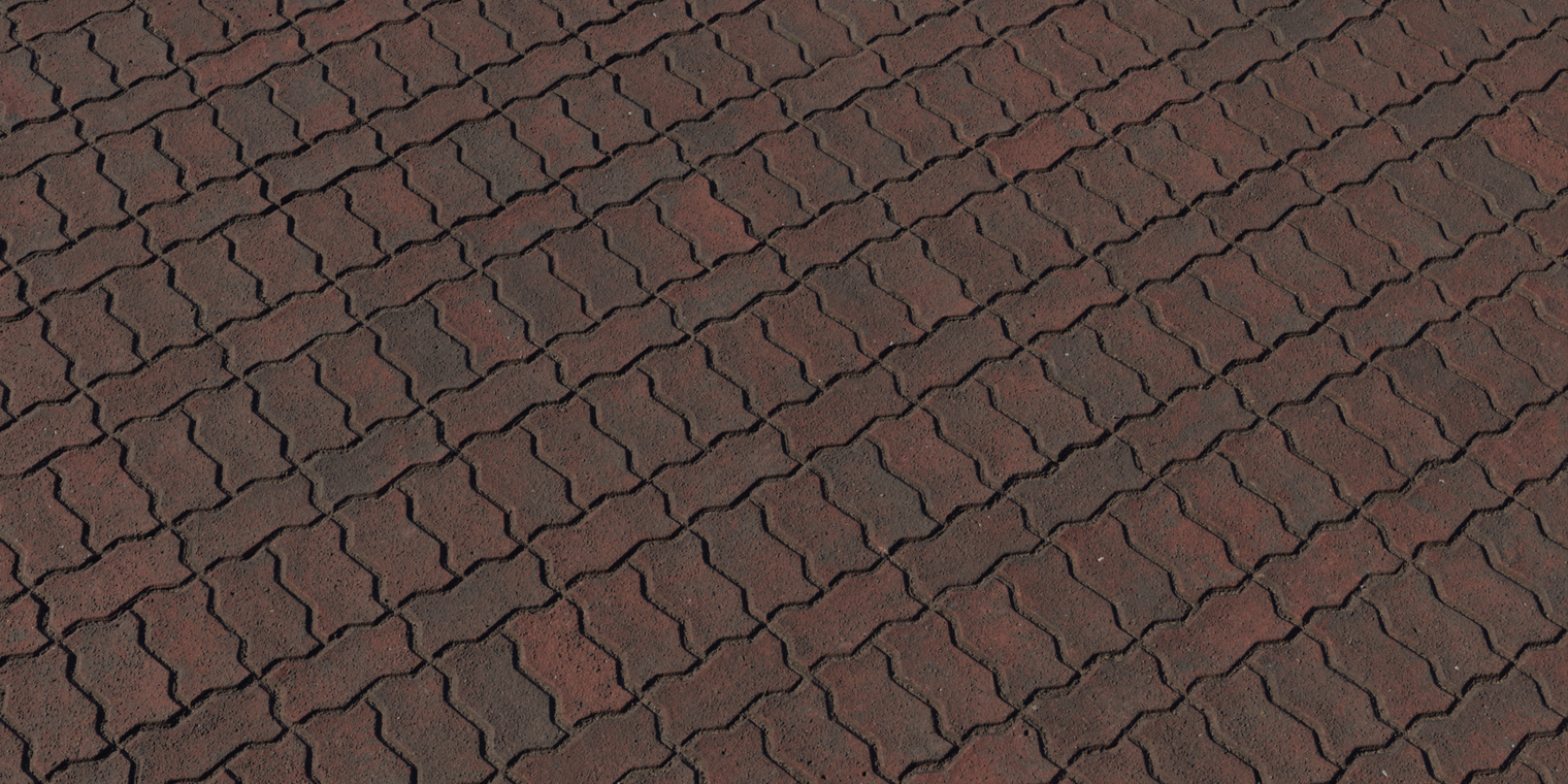 Free 8K brick pavement texture: red interlocking pavers with rough, gritty surface, darkened joints and subtle dirt and urban weathering.
