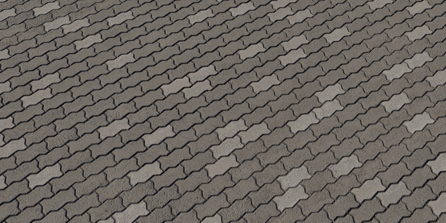 Free 8k texture of rough interlocking brick pavement with worn, uneven surfaces and dark recessed joints; muted gray-brown concrete bricks.