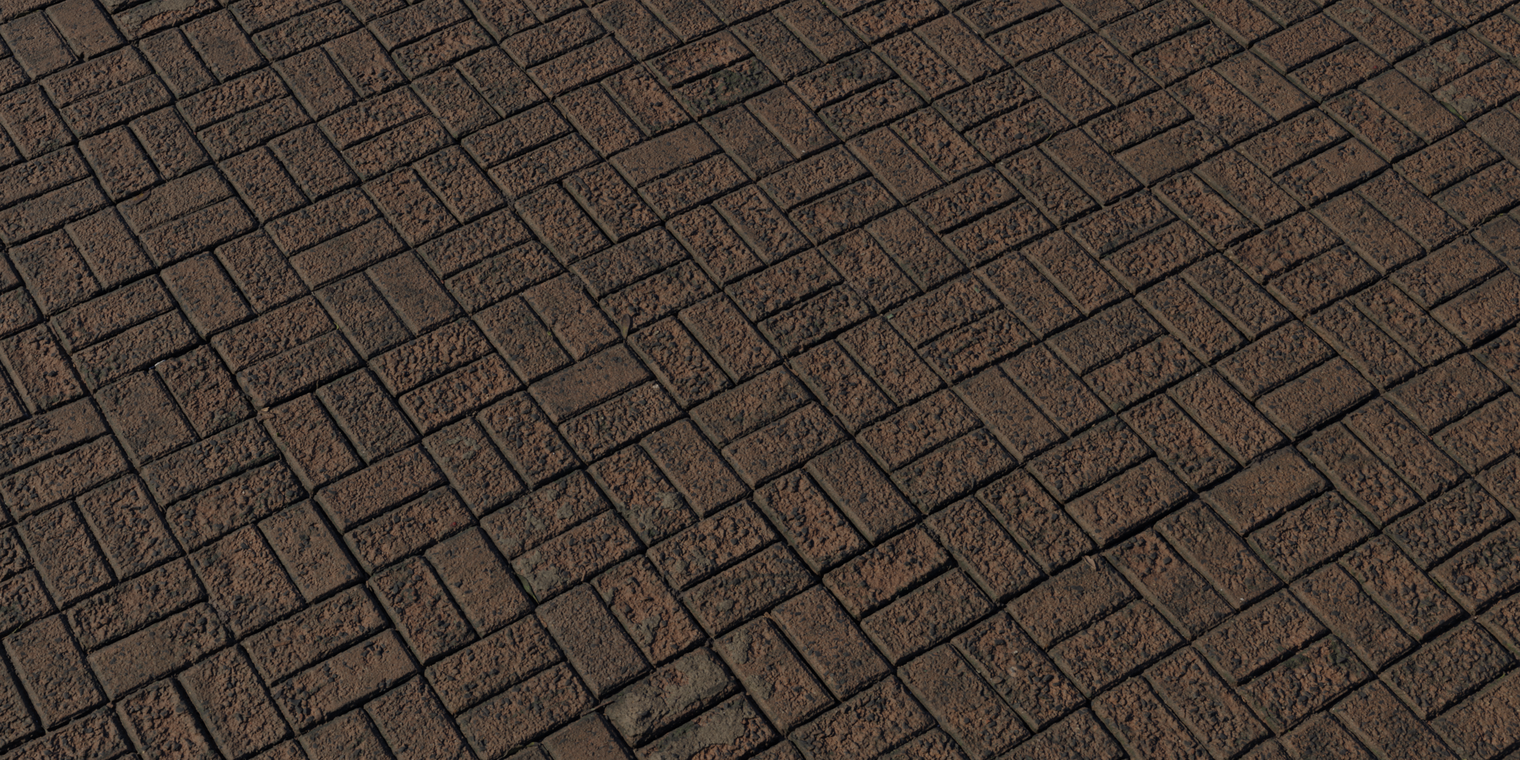 Free 8K texture of a rough interlocking brick villa floor with weathered reddish-brown bricks, deep grout lines and gritty, uneven surface detail.