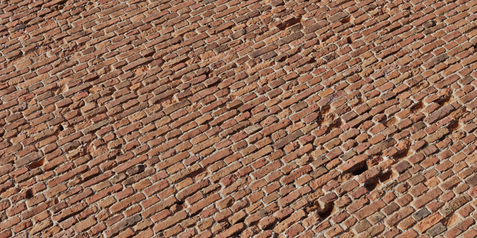 Free 8K texture of a weathered red brick wall: chipped, cracked and uneven bricks with dry, rough surfaces and discolored, scratched mortar.