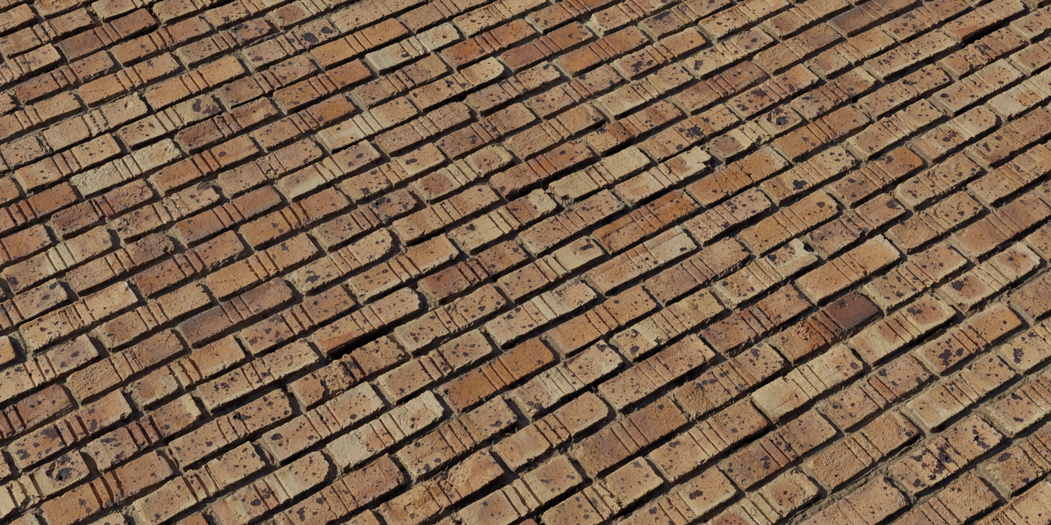 Free 8K texture of an old, coarse exterior brick wall with gritty, weathered orange-brown bricks, chipped edges, pitted surfaces and worn mortar.