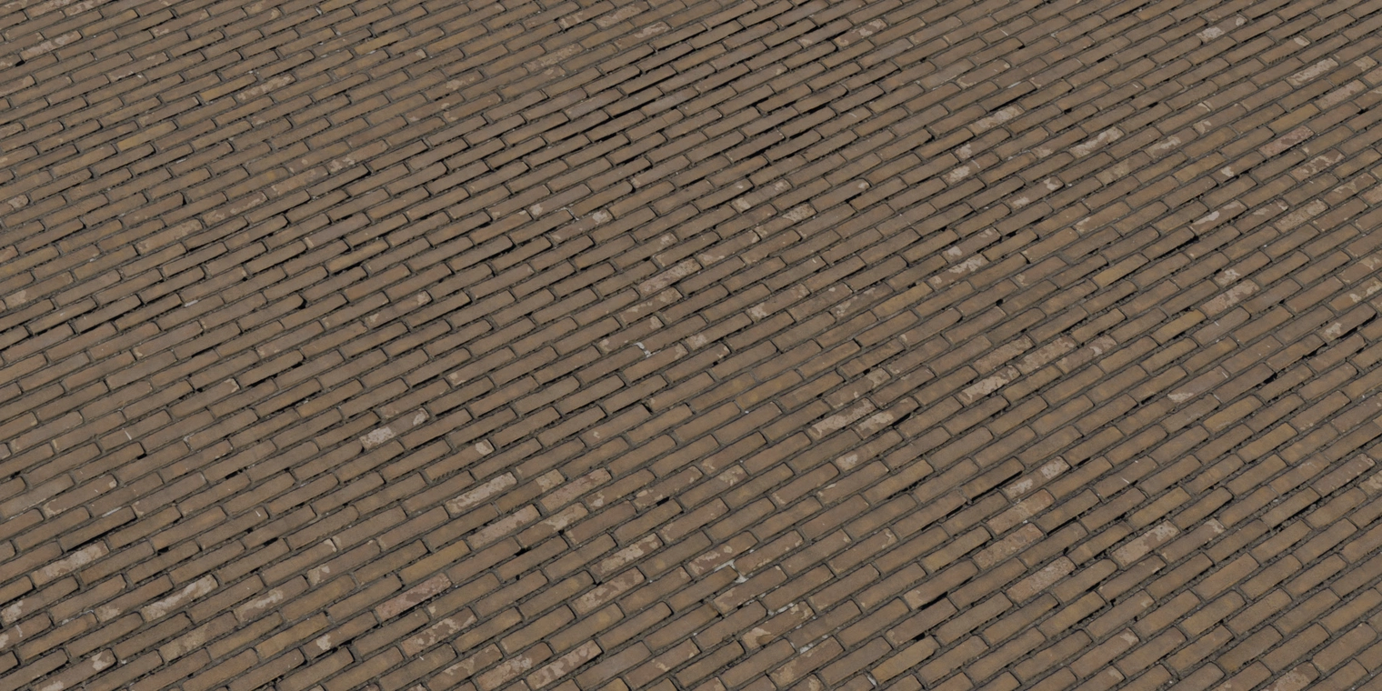 Free 8K brick wall texture: weathered brown bricks with worn edges, dark mortar, subtle grime and realistic surface relief.