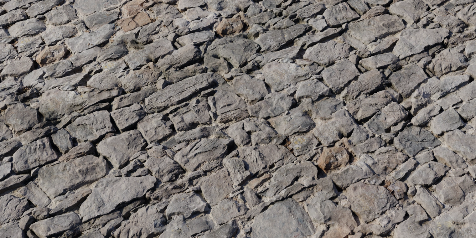 Free 8K texture of a rough, broken stacked stone wall: weathered, uneven stones with chipped edges, mortar gaps, cool grays, warm browns and subtle lichen.