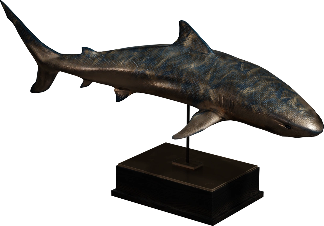 Free 4K bronze shark statue model with blue patina, sleek sculpted fins, and hammered detail. Mounted on a dark wooden plinth with a metal stand.