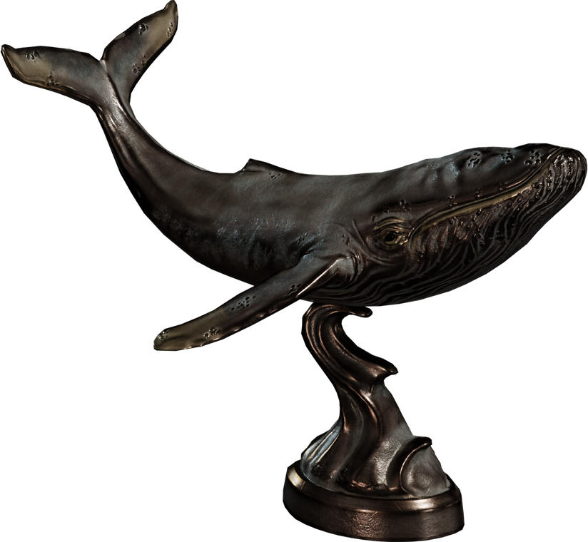 Free 4K bronze whale statue model with rich patina, polished highlights, and intricate skin folds. Elegant flowing base and fine ornamental detailing.