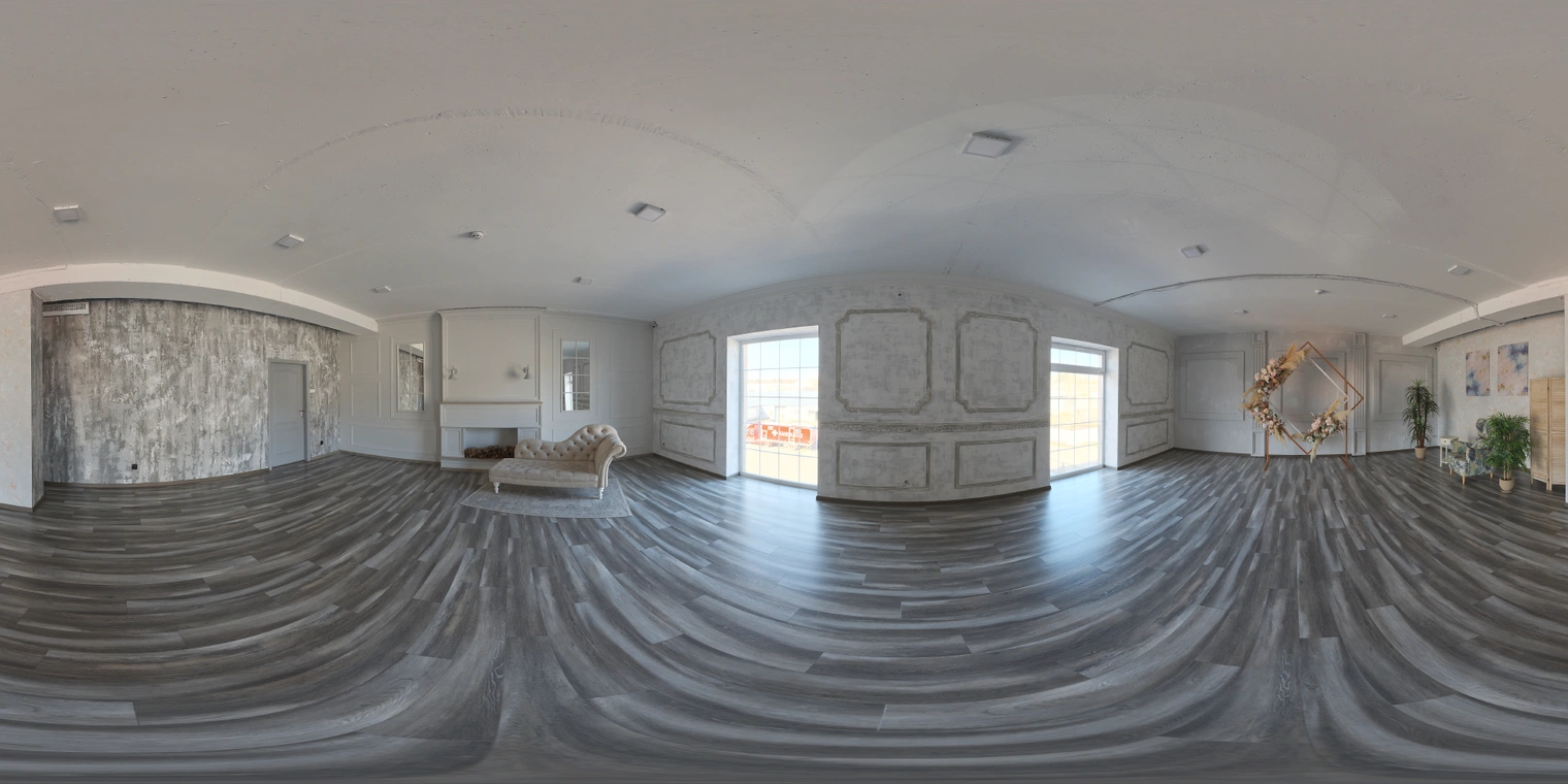 Free 16K unclipped HDRI of a brown modern studio with soft natural morning/afternoon light, low-contrast shadows and warm, neutral window highlights.