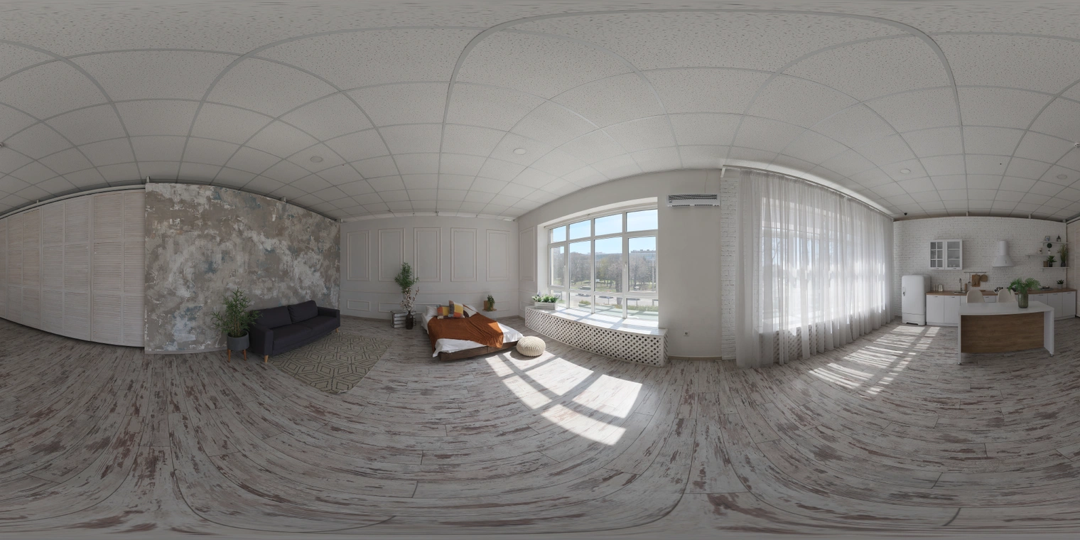 Free 16K, unclipped HDRI - soft midday natural light through a large window with sheer curtains, low-contrast warm studio interior mood.