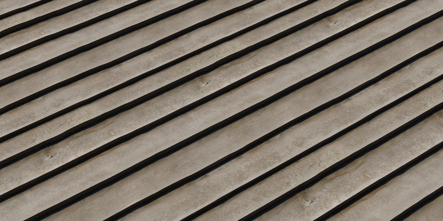 Free 8K texture of untreated brown wooden planks - horizontal clapboard with subtle wear, weathered grain, faint dirt and moss in joints, low gloss finish.