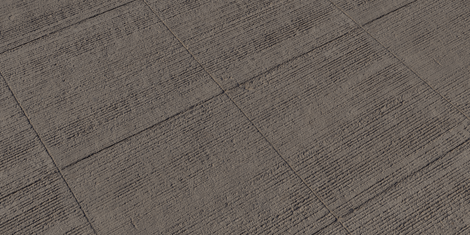 Free 8K brushed concrete texture with tight horizontal brush marks, panel joints, tiny chips, and a rough, matte brown-gray tone.