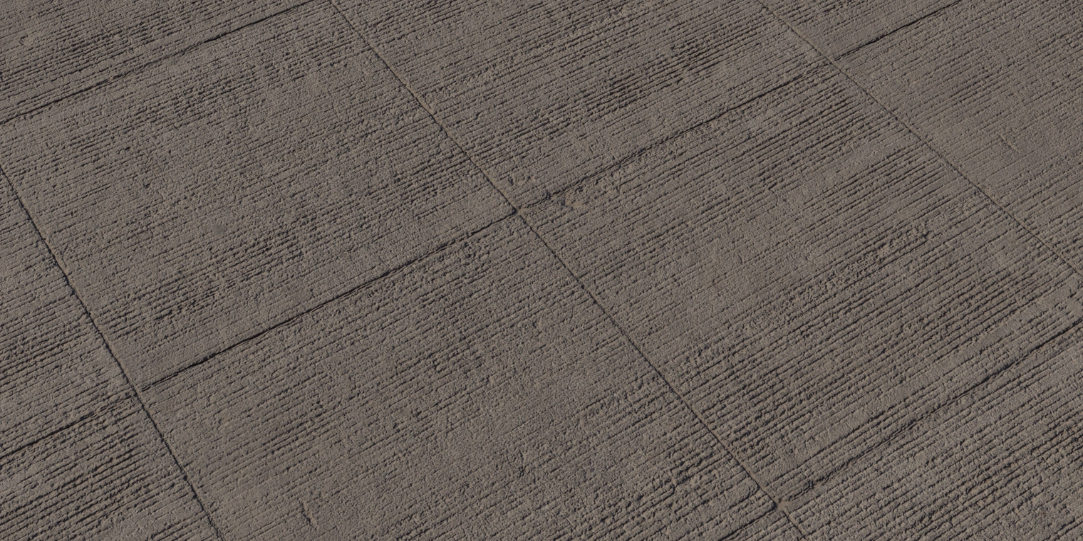 Free 8K brushed concrete texture with tight horizontal brush marks, panel joints, tiny chips, and a rough, matte brown-gray tone.