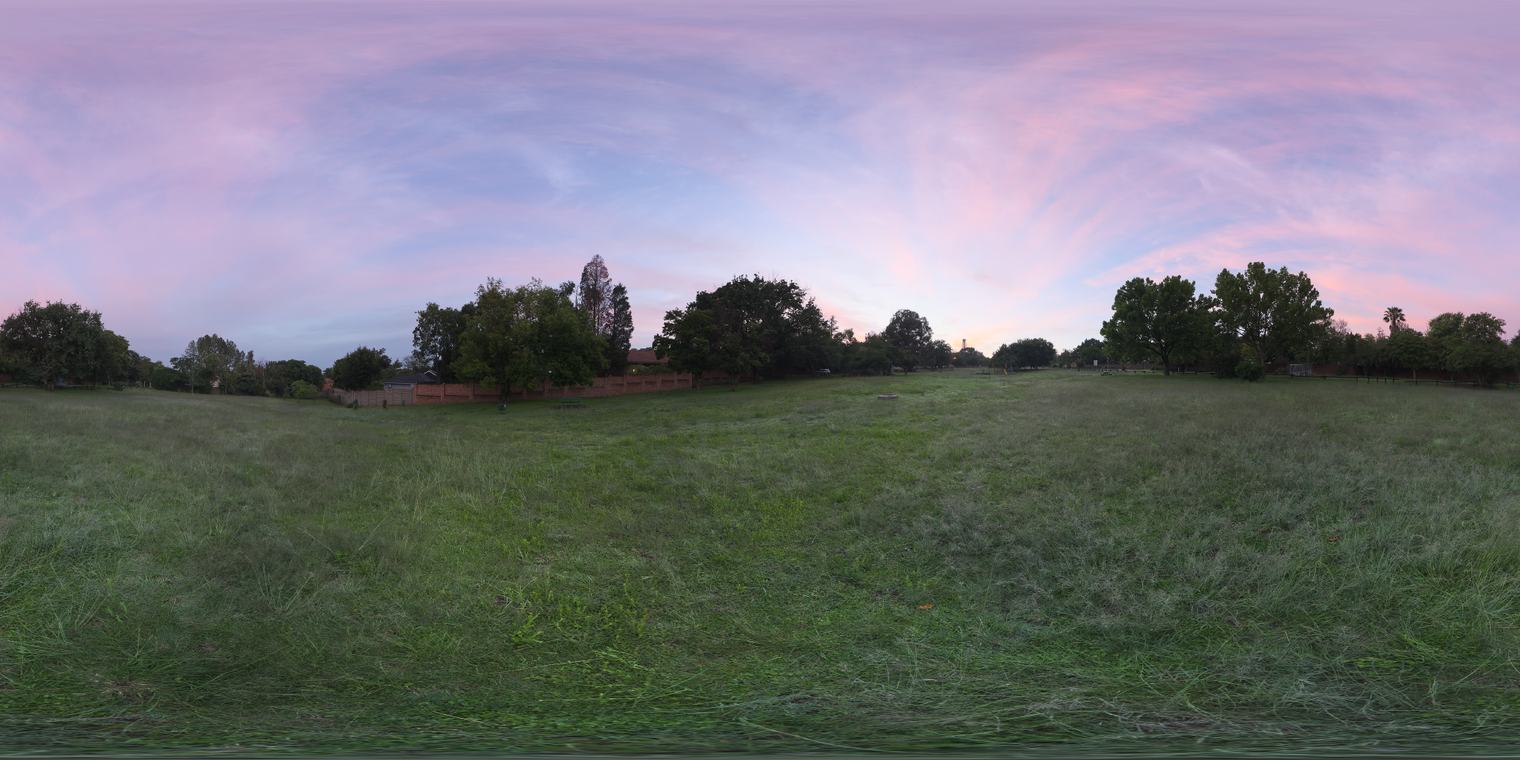 Free 24k HDRI, unclipped. Soft pink sunrise over a grassy park, gentle cool-to-warm diffuse light with low sun glow and mild contrast for a calm dawn mood.