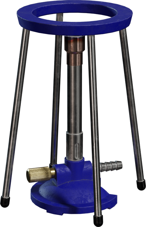 Free 4K Bunsen burner model with blue cast base and ring, brushed steel tube and legs, knurled brass valve, hose barb, and subtle wear for realistic detail.