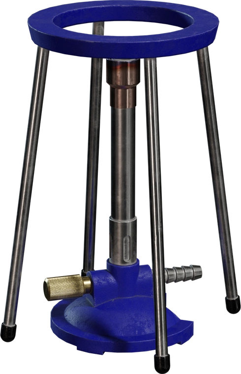 Free 4K Bunsen burner model with blue cast base and ring, brushed steel tube and legs, knurled brass valve, hose barb, and subtle wear for realistic detail.