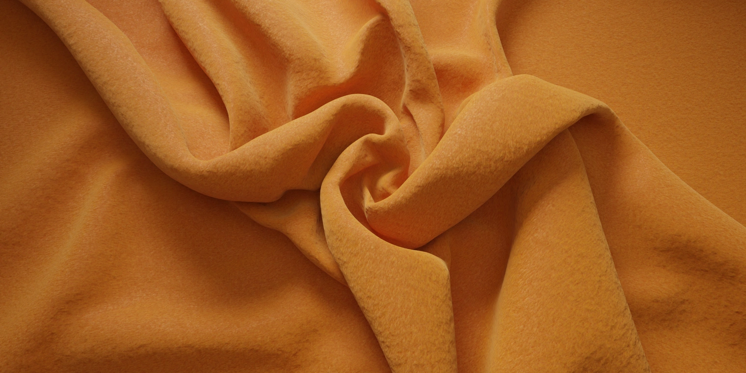 Free PBR fleece texture: soft, napped orange wool with fluffy, fuzzy fibers, cozy, warm and versatile for garments, blankets and interior fabrics.