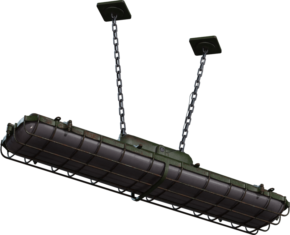 Free 4K model of a chain-hung industrial fluorescent light with a rugged caged guard, olive metal body, weathered paint, bolts and wiring detail.