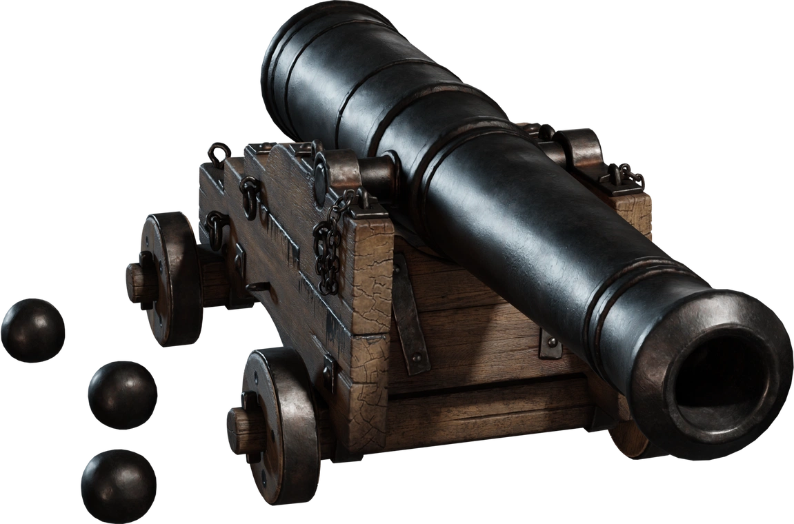 Free rigged, high-detail colonial ship cannon with cast-iron barrel and weathered wooden carriage, ideal for maritime/pirate scenes, games, films, and VR.