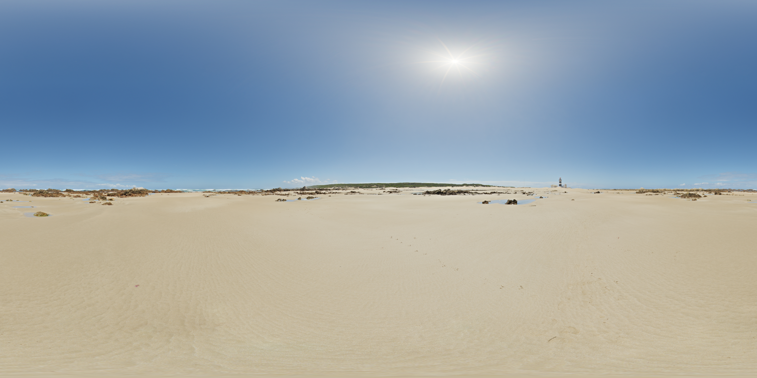 Unclipped, free 24K HDRI of a white beach at noon: clear blue sky, intense sun, sharp shadows, warm sand bounce light, crisp horizon with slight haze.