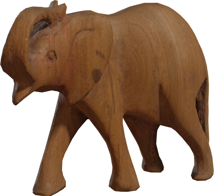Free 4K carved wooden elephant model with warm hand-carved grain, stylized form, smooth worn edges and subtle surface wear.