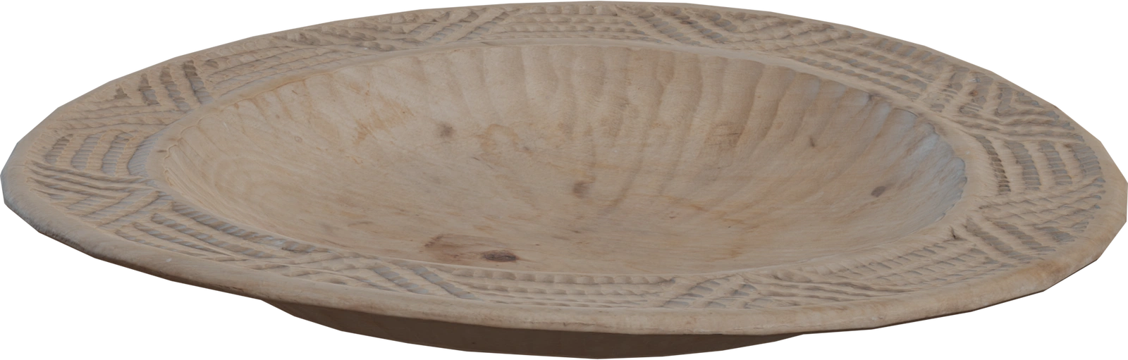 Free 8K model, hand-carved antique wooden plate with shallow bowl, visible tool marks, knotty grain and carved geometric border.