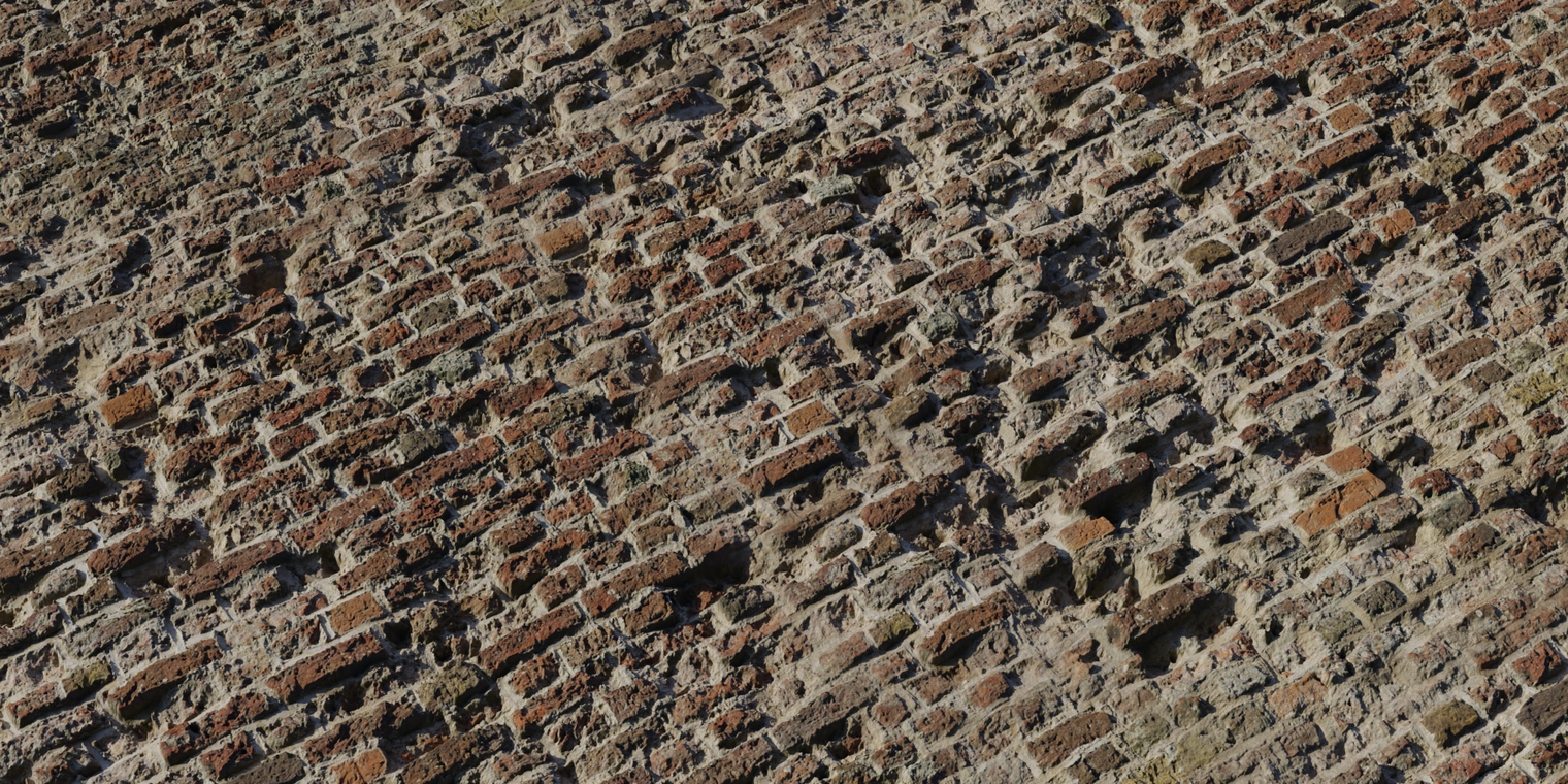 Free 8K texture of rough, painted castle bricks with uneven, chipped whitewash, exposed red bricks, weathered mortar and dirt.