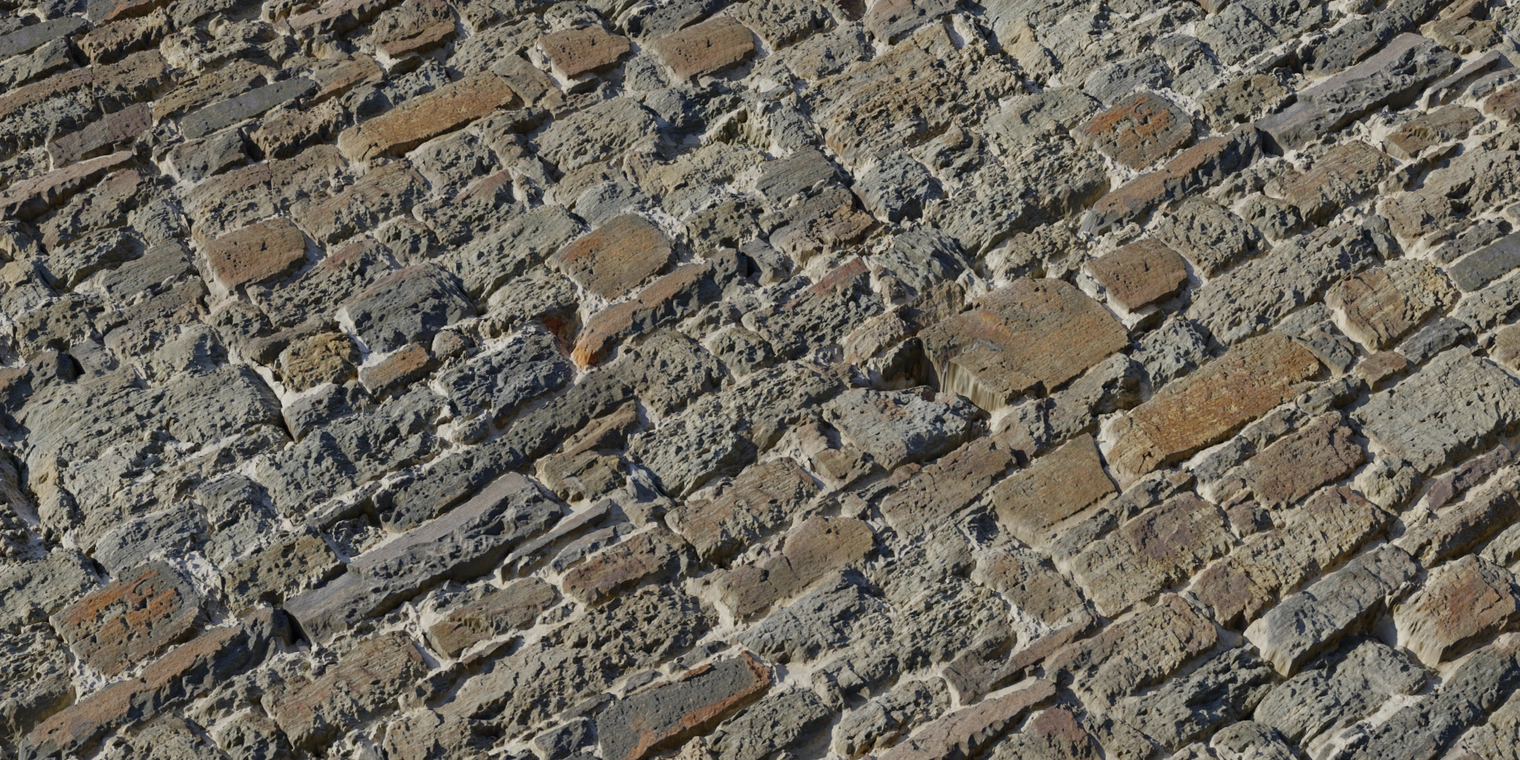 Free 8K texture of weathered castle wall: rough, irregular stone blocks with deep mortar joints, varied warm greys and rusty browns, strong surface relief.