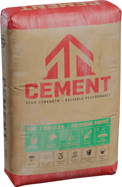 Free 4K model of a worn 50kg cement bag with red branding, crisp print, realistic paper wrinkles, scuffs and sealed corners, detailed safety icons and text.