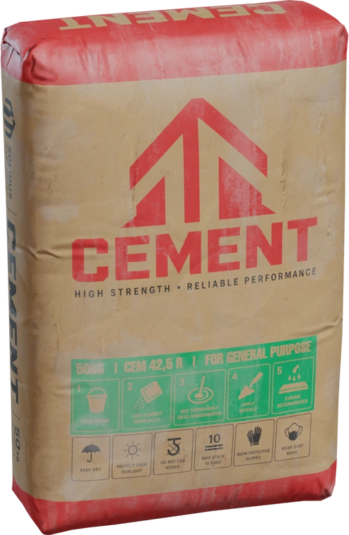Free 4K model of a worn 50kg cement bag with red branding, crisp print, realistic paper wrinkles, scuffs and sealed corners, detailed safety icons and text.