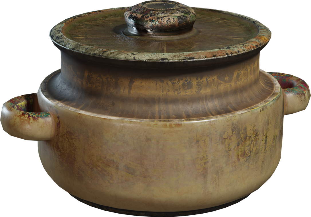 Free 4K model of a lidded ceramic pot with twin side handles, aged beige glaze, chipped rim, and rich patina, showing stains, scratches, and hand-thrown form.