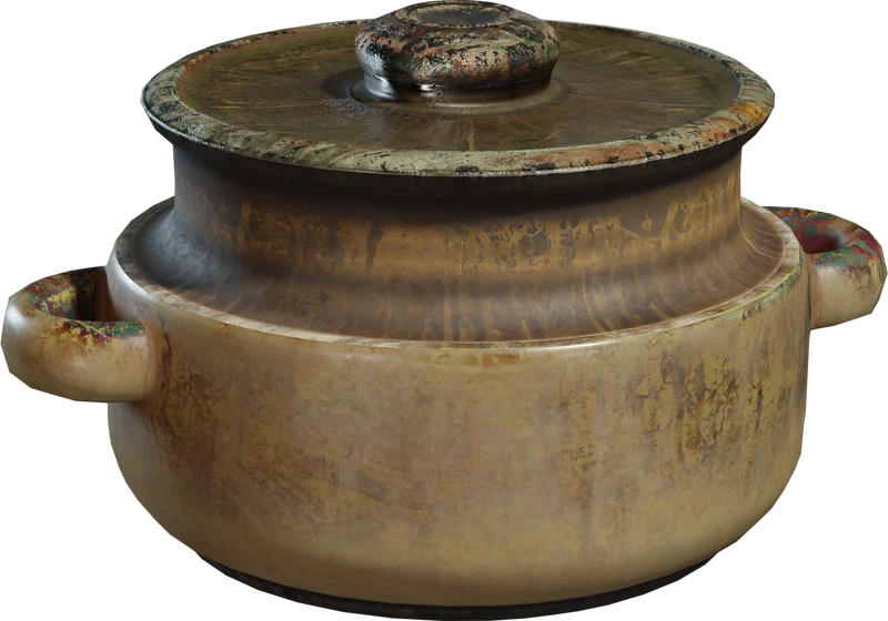 Free 4K model of a lidded ceramic pot with twin side handles, aged beige glaze, chipped rim, and rich patina, showing stains, scratches, and hand-thrown form.