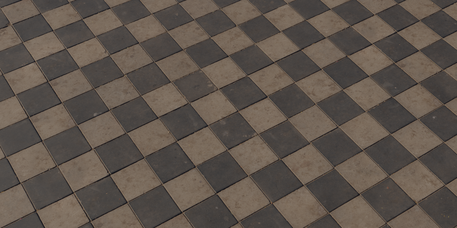 Free 16K texture: rough, weathered concrete checkered pavement tiles - square pavers with grime, wear and grout; ideal for urban sidewalks and outdoor floors.