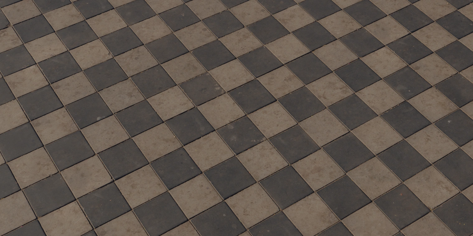 Free 16K texture: rough, weathered concrete checkered pavement tiles - square pavers with grime, wear and grout; ideal for urban sidewalks and outdoor floors.