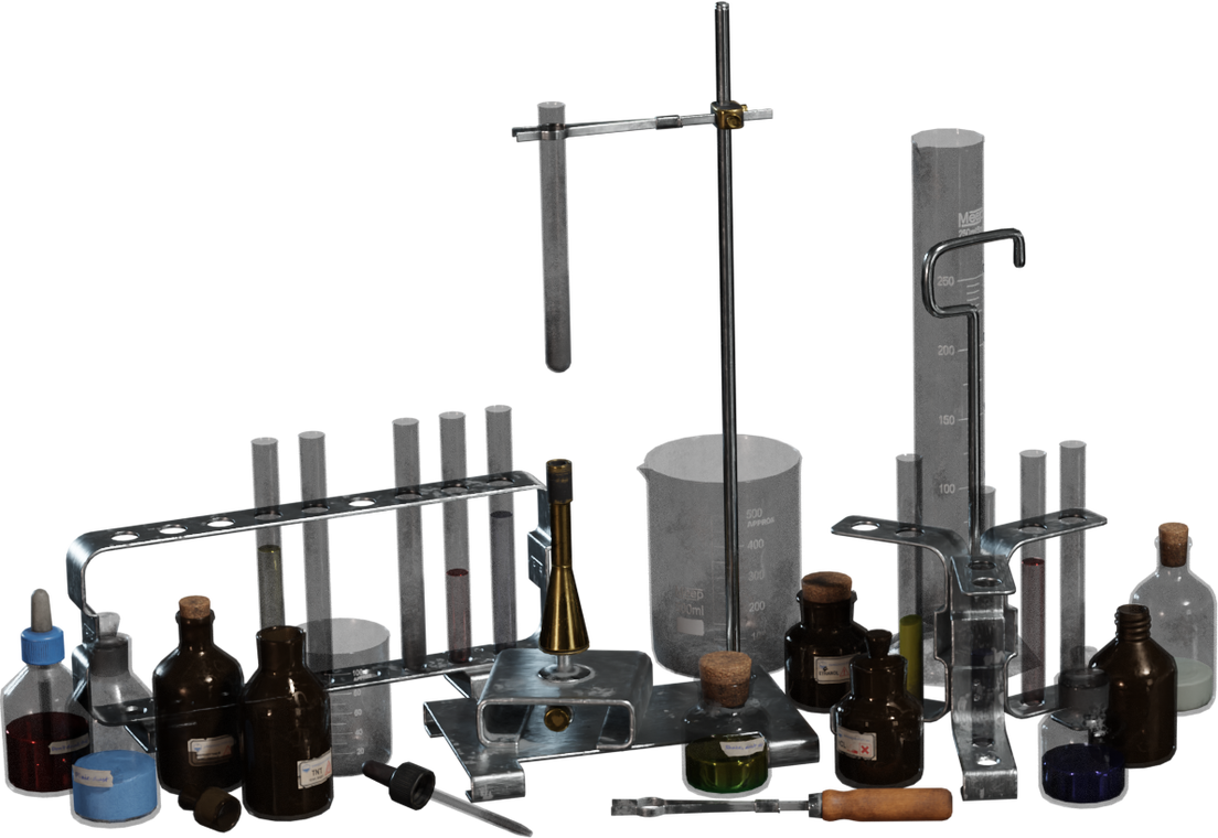 Free 4K model of a vintage chemistry set: glass beakers, test tubes, brown reagent bottles, metal stands, and a Bunsen burner, with worn labels and grime.